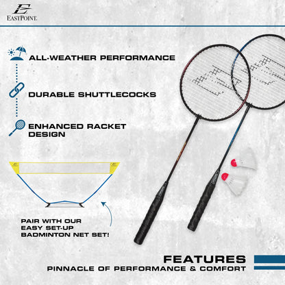 2 Player Badminton Racket Set; 2 Rackets with Steel Shafts, 2 Shuttlecock Birdies